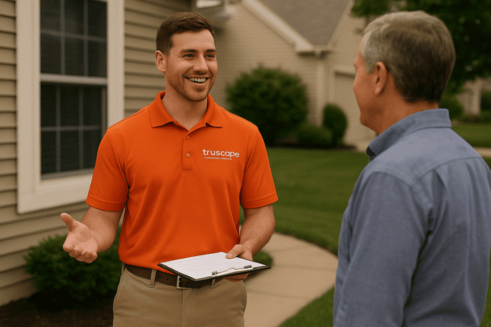 TruScape representative in an orange polo with the company logo, smiling and discussing irrigation options with a homeowner outside a well-kept suburban home.